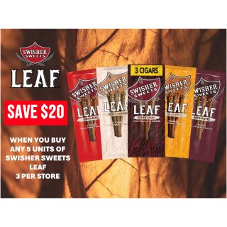 SWISHER SWISHER LEAF CIGAR 5 BUNDLE SAVE $20.00